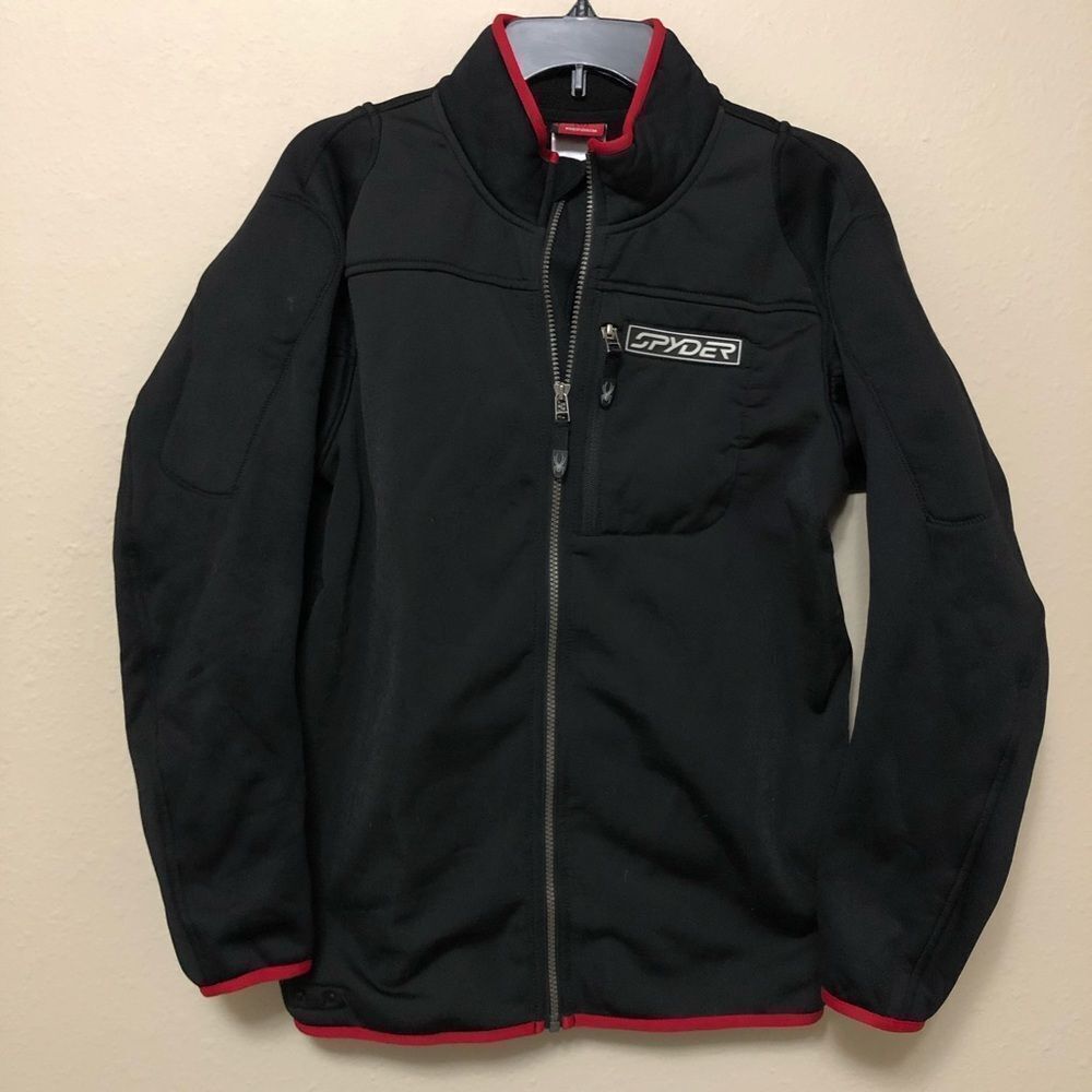 Spyder Black Red Full Zip Mock Collar Softshell Fleece Jacket Gorpcore Mens Sz L